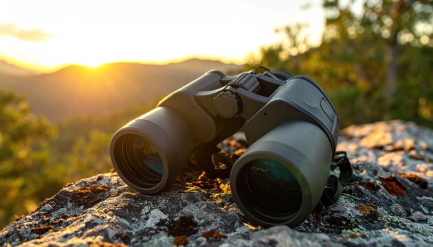 Large Black Binoculars Resting On A Moss Covered Rock With A Golden Sunset Sky In The Background And Mountainous Landscape