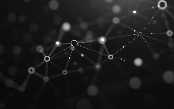 Abstract black and white network visualization with interconnected glowing nodes and lines creating a futuristic digital web
