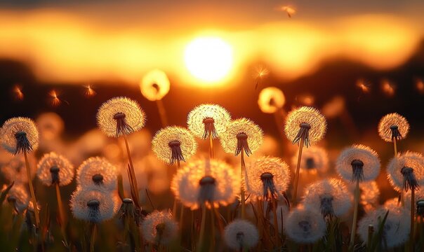 Field of dandelions glowing in warm sunlight during a golden sunset with seeds gently floating in the air evoking calm and serene atmosphere