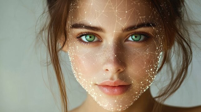Close-up of a young woman with green eyes and natural freckles looking calmly ahead, digital glowing network pattern mapped on her face suggesting facial recognition or technology integration