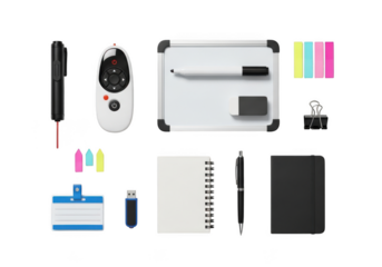 Collection of office and creative supplies for productivity and organization isolated on transparent background