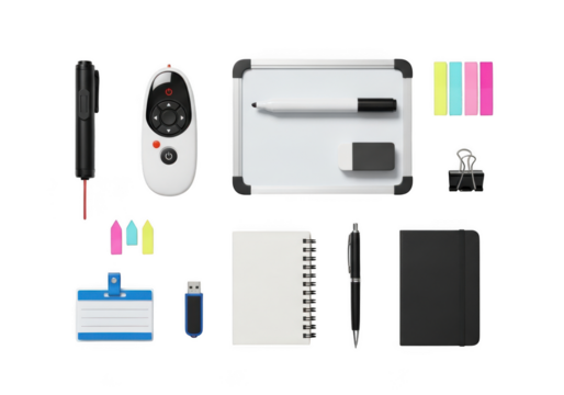 Collection of office and creative supplies for productivity and organization isolated on transparent background