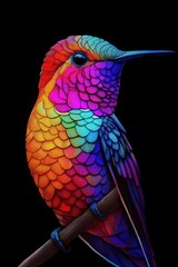 Fototapeta premium Close-up of a vibrantly colored hummingbird with detailed, iridescent feathers perched on a small branch against a black background