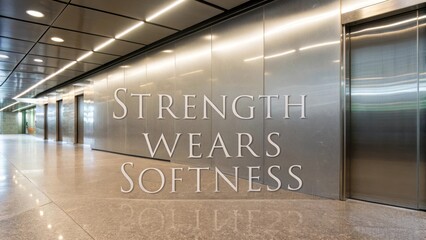 Contemporary hallway with reflective surfaces and minimalist design showcasing a thought-provoking phrase about strength and softness