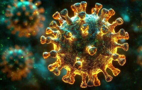 Close-up view of multiple spherical virus particles with glowing orange spike proteins on textured surfaces against a dark background, depicting microscopic viral structures