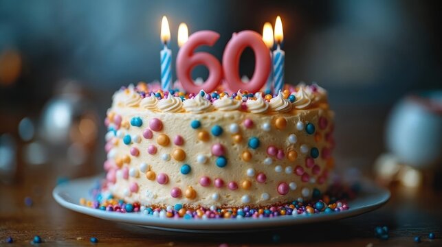 Colorful birthday cake with cream frosting and multicolored sprinkles topped with lit candles showing the number 60