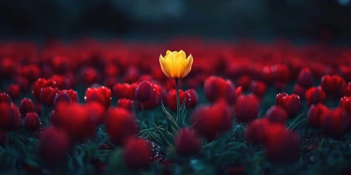A single vibrant yellow tulip standing tall and glowing amid a field of deep red tulips at dusk, symbolizing uniqueness and hope