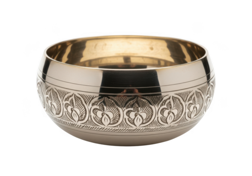 Elegant golden embossed bowl with intricate floral detailing isolated on transparent background