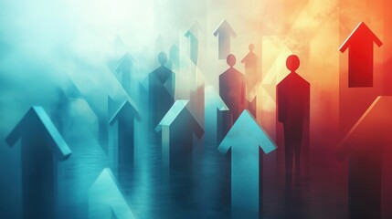 Abstract concept depicting human figures and arrows pointing upwards with a gradient blue to orange background symbolizing growth and progress