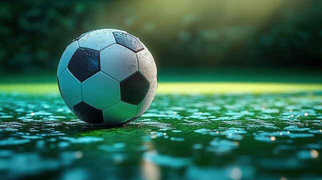 Close-up of a wet soccer ball resting on a rain-soaked grass field with blurred natural green background evoking calm and freshness