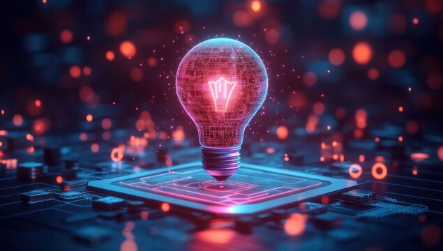 Glowing neon light bulb hologram floating above a futuristic microchip circuit board representing innovation and technology