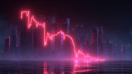 Price downturn, holographic business losses, futuristic financial collapse, neon visualization. 