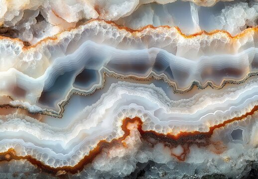 Close-up of a layered agate stone revealing intricate bands and crystalline textures in shades of white, gray, brown, and orange - Powered by Adobe