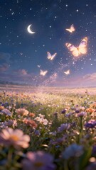 Naklejka premium Dreamy nightscape with butterflies soaring over wildflower meadow under a crescent moon glowing with starry magic in soft pastel colors