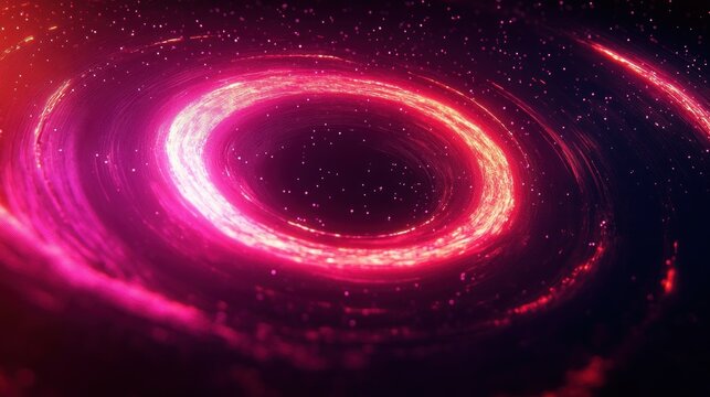 Glowing bright pink and orange swirling cosmic vortex with scattered tiny light particles against a dark space background, conveying energy and movement