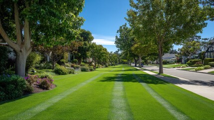 Fototapeta premium Perfectly manicured lawn and landscape with mature trees under a clear blue sky in an upscale neighborhood