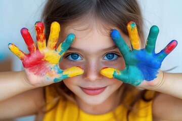 Happy young girl with bright blue eyes smiling and showing hands covered in colorful finger paint in red, yellow, blue, and green