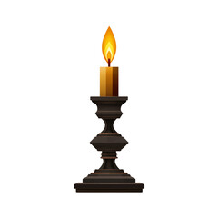 A lit yellow candle in a dark ornate candlestick with a warm glowing flame isolated on transparent background