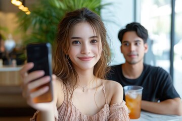 young woman smiling and holding smartphone taking a selfie with a young man sitting behind her at a cafe with plants and large windows in the background