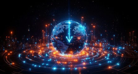 Obraz premium Futuristic digital globe surrounded by glowing orange and blue circular data rings and network nodes in a dark space environment