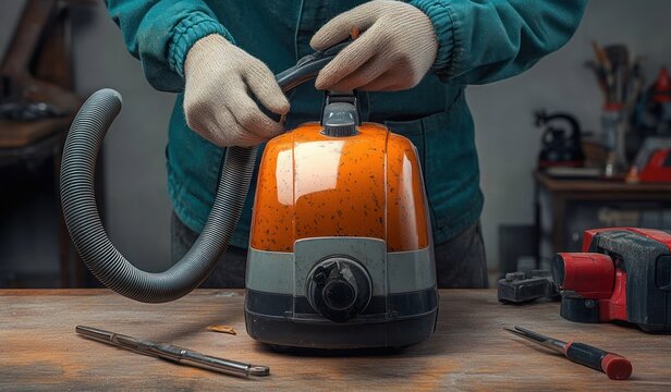 Person wearing work gloves assembling or repairing an orange and gray vacuum cleaner on a wooden workbench surrounded by tools in a workshop - Powered by Adobe