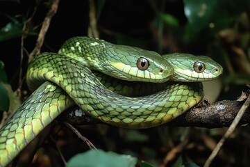 Close-up of two green snakes intertwined on a tree branch in dark natural surroundings showing detailed scales and focused eyes