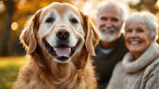 Close-up of a happy golden retriever dog with tongue out in front of smiling elderly couple outdoors in warm light - Powered by Adobe