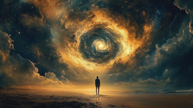 Silhouette of a person standing on a beach looking at a giant swirling glowing golden vortex in a dramatic cloudy sky at dusk