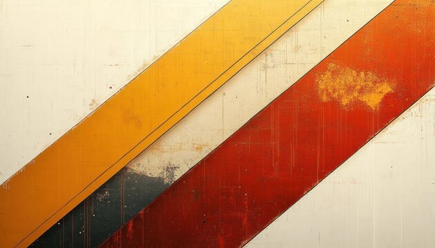 Close-up of a weathered metal surface with three diagonal rusted stripes in yellow, black, and red colors on a worn beige background