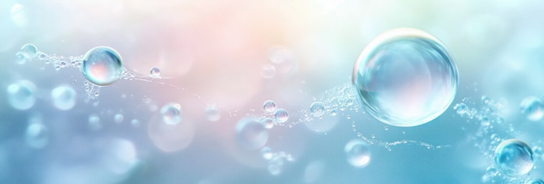 Close-up of transparent bubbles connected by thin filaments floating in a soft gradient background of blue and pink hues, evoking a sense of lightness and calm - Powered by Adobe