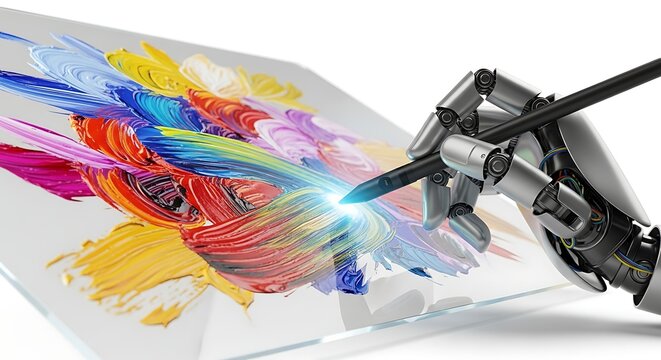 A robotic hand skillfully paints a vibrant, colorful abstract artwork on a transparent surface, showcasing technological creativity.