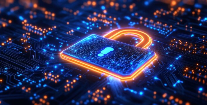 Glowing digital padlock symbolizing cybersecurity on a futuristic circuit board with vibrant blue and orange lights