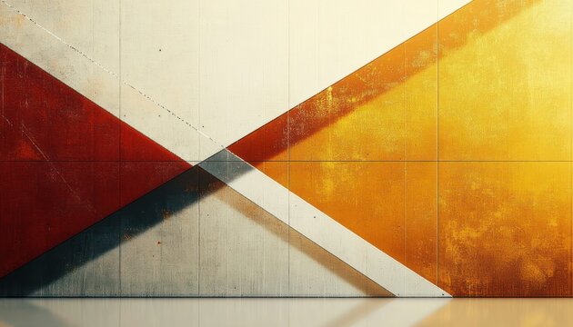 Abstract geometric wall mural featuring intersecting triangles in white, red, gray, and orange hues with textured surfaces and shadow effects