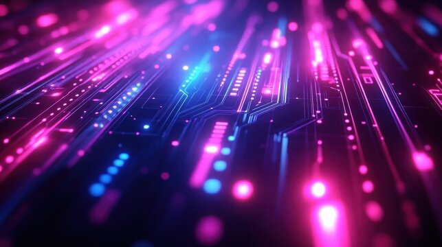 Abstract digital circuit board with glowing neon pink and blue lights representing futuristic technology and data flow