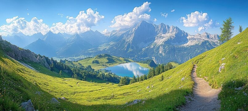 Scenic mountain landscape with a clear blue lake surrounded by rolling green hills under a bright blue sky with fluffy white clouds - Powered by Adobe