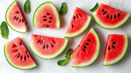 Several bright red watermelon slices with black seeds are arranged on a white surface with fresh green mint leaves scattered around, evoking a fresh and summery feel