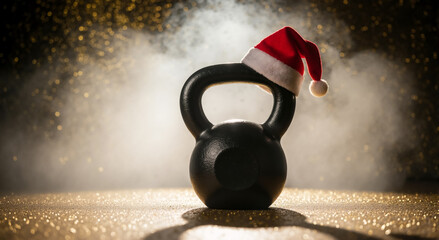 A black kettlebell wearing a red Santa hat for a Christmas fitness workout. Holiday season exercise and New Year resolution concept on a dark background with gold glitter and smoke with copy space