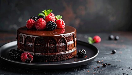Decadent Chocolate Cake With Fresh Berries And Mint Garnish On A Dark Plate With A Soft Focus Background