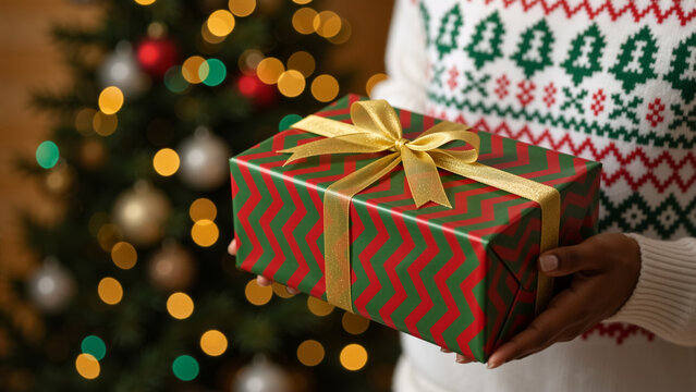 Crop shot of black person hands holding a Christmas gift box with a gold ribbon. Festive holiday scene with a decorated tree and bokeh lights in the background.