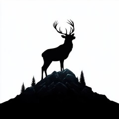 Naklejka premium silhouette of a majestic deer with large antlers standing on a rocky hilltop surrounded by pine trees against a white background