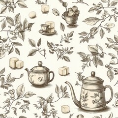 Vintage botanical tea pattern featuring detailed illustrations of teapots, sugar cubes, tea cups, and leafy branches with blossoms on a light background