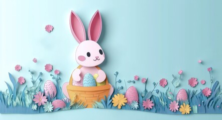 Fototapeta premium Cute pink paper bunny holding a basket with pastel decorated eggs surrounded by colorful flowers and grass on a light blue background