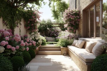 Fototapeta premium Elegant Garden Patio with Lush Pink Roses and Comfortable Seating, Inviting Outdoor Space