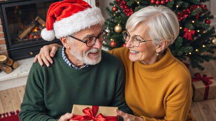 Happy senior couple exchanging a Christmas gift at home. Elderly man in a Santa hat and woman celebrating the holidays by a festive tree and fireplace