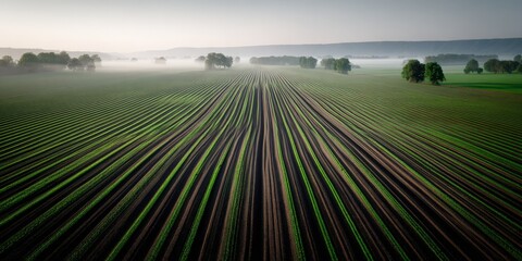 Aerial view of a beautiful green field with parallel lines and misty background at sunrise