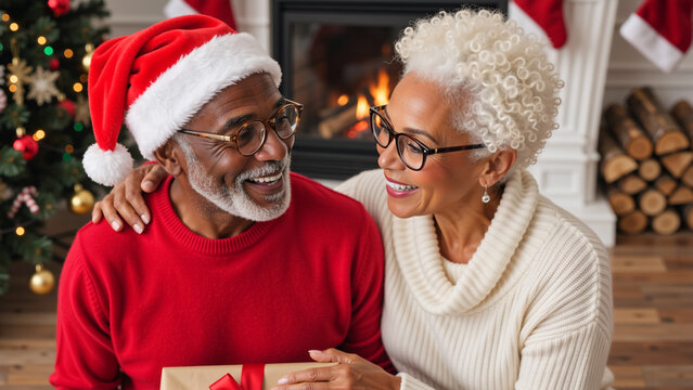Happy senior african american couple celebrating Christmas at home. Mature black man and woman smiling while exchanging a holiday gift by a cozy fireplace