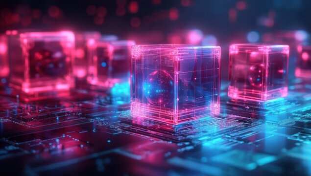 Glowing transparent cubes with inner spheres placed on a high-tech circuit board emitting neon pink and blue light creating a futuristic digital atmosphere