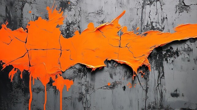 Bright orange thick paint splattered and cracked on a dark textured wall creating a bold abstract design - Powered by Adobe
