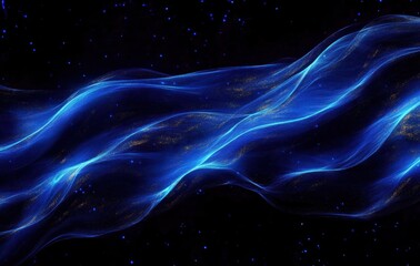 Flowing wave of translucent blue light with golden speckles on a dark starry background, evoking a sense of cosmic energy and fluid motion