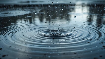 Dynamic Raindrop Splash Creates Concentric Ripples on Water Surface